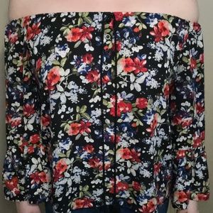 Off-Shoulder Flower Print Loose Fitting Blouse